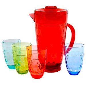 5-piece Nesting Red Acrylic Pitcher Set with 4 Assorted Color Glasses